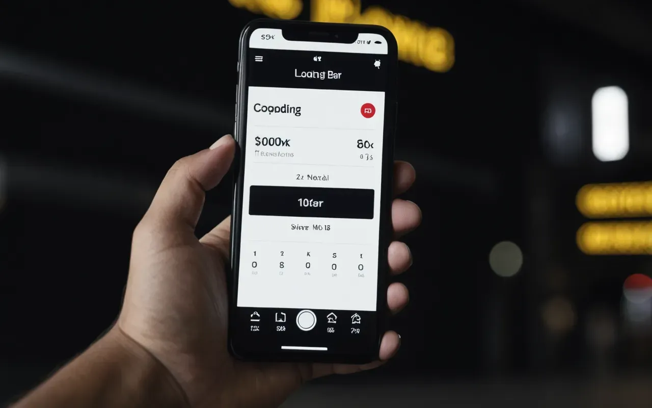 A close-up of a smartphone screen displaying a loading progress bar in the center against a dark background. The device is held by two hands in a well-lit modern office space with blurred shelves and plants visible behind it.