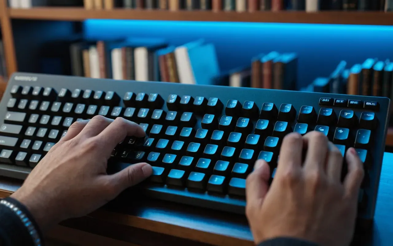 A close up of hands typing on a mechanical keyboard with soft blue ambient lighting reflecting off the keys and a blurred background showing shelves full of books in a cozy home office setting.