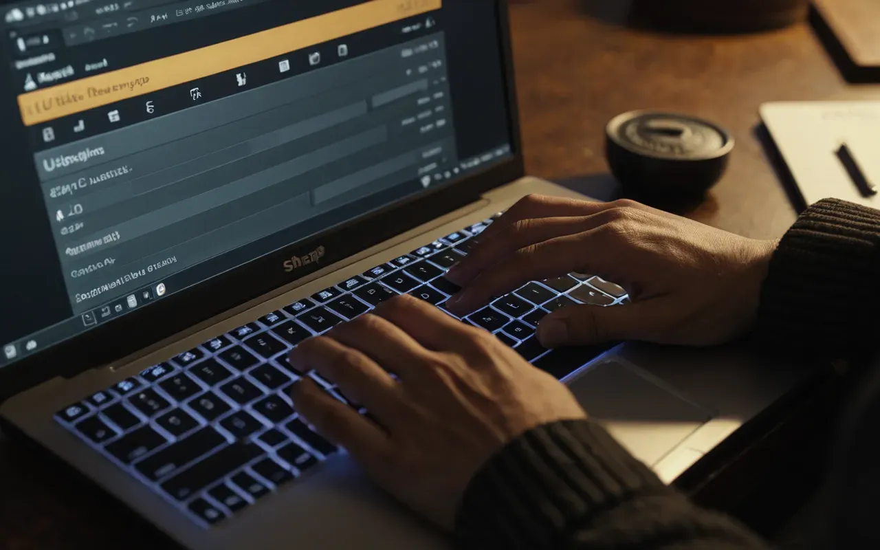 content architecture SEO A close up of hands typing on a laptop keyboard in a dimly lit room. The focus is on the fingers and keys with soft ambient lighting.