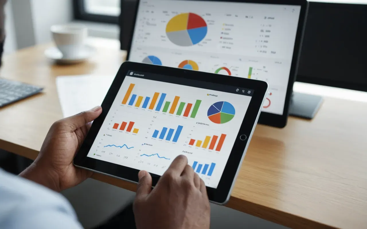 A close up shot of a hand holding a tablet in a bright modern office. The screen shows abstract colored charts and graphs with no text visible. Soft natural light from a window illuminates the scene creating a professional yet relaxed atmosphere.