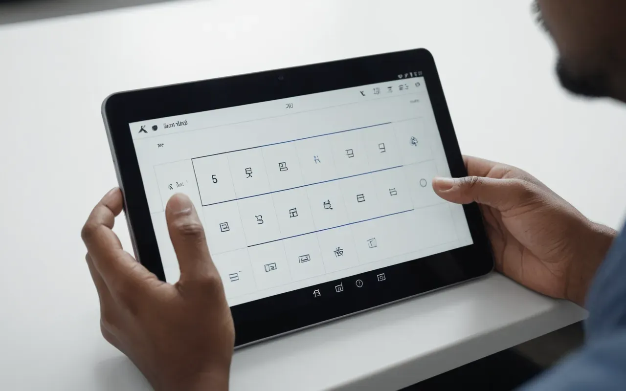 A close-up shot of a hand holding a tablet displaying a blank interface with simple geometric shapes and lines. The background is a clean white desk surface with natural light casting soft shadows, highlighting the focus on structured data organization.
