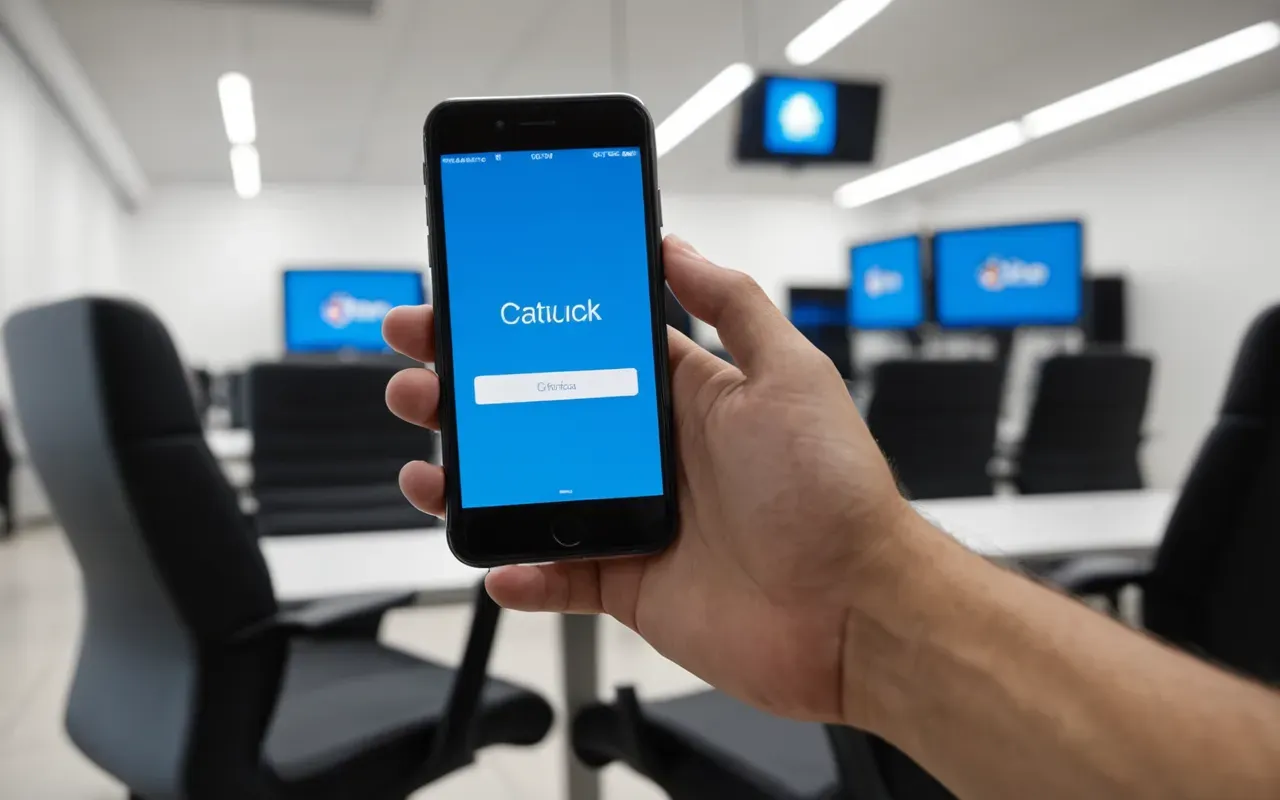 A close-up shot of a hand holding a smartphone with a bright blue screen. The background is softly blurred showing modern office chairs and warm ambient lighting.