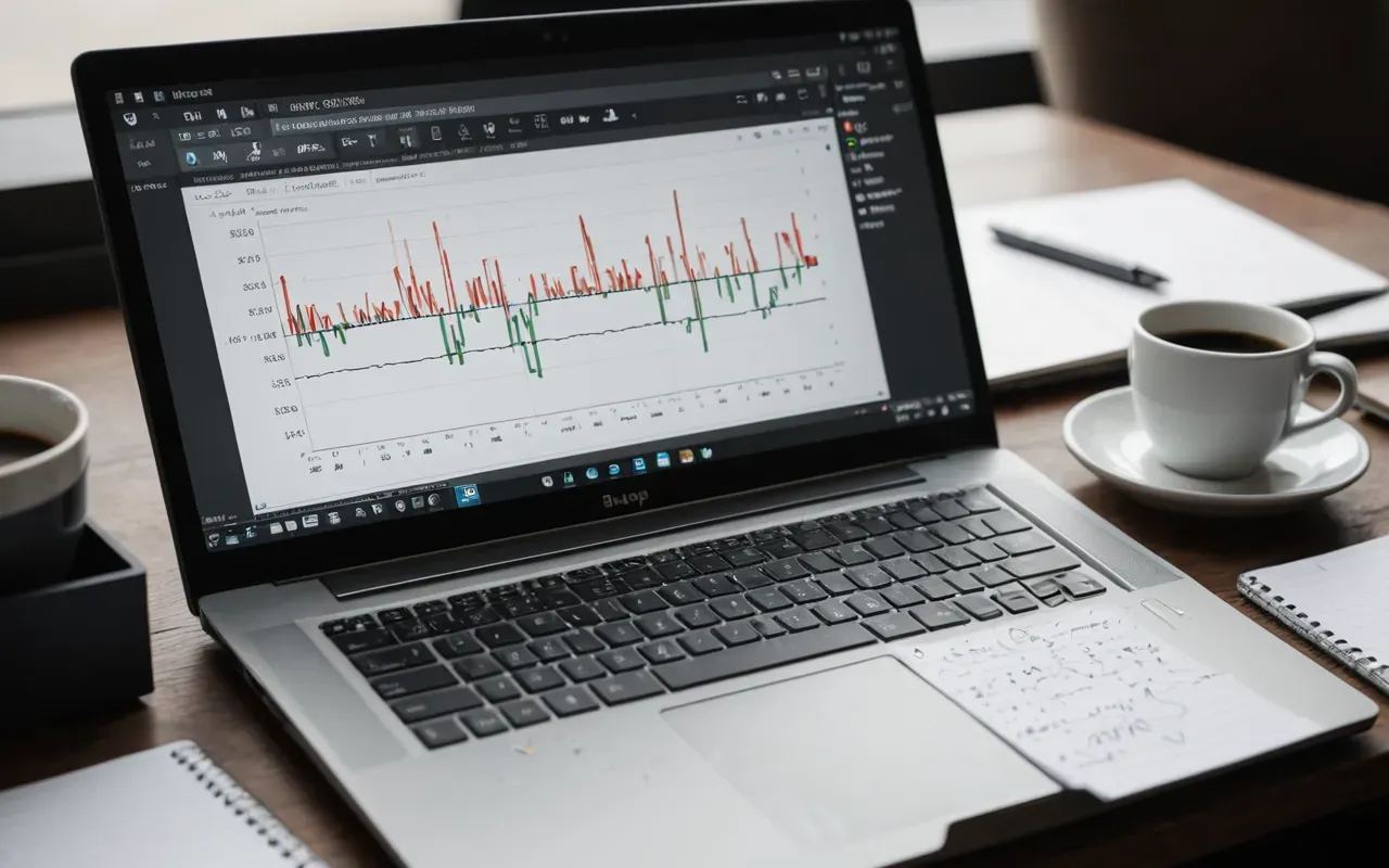 A close up view of a cluttered desk with a laptop screen showing abstract data graphs next to a handwritten notebook filled with scribbled notes and coffee stains in natural light.
