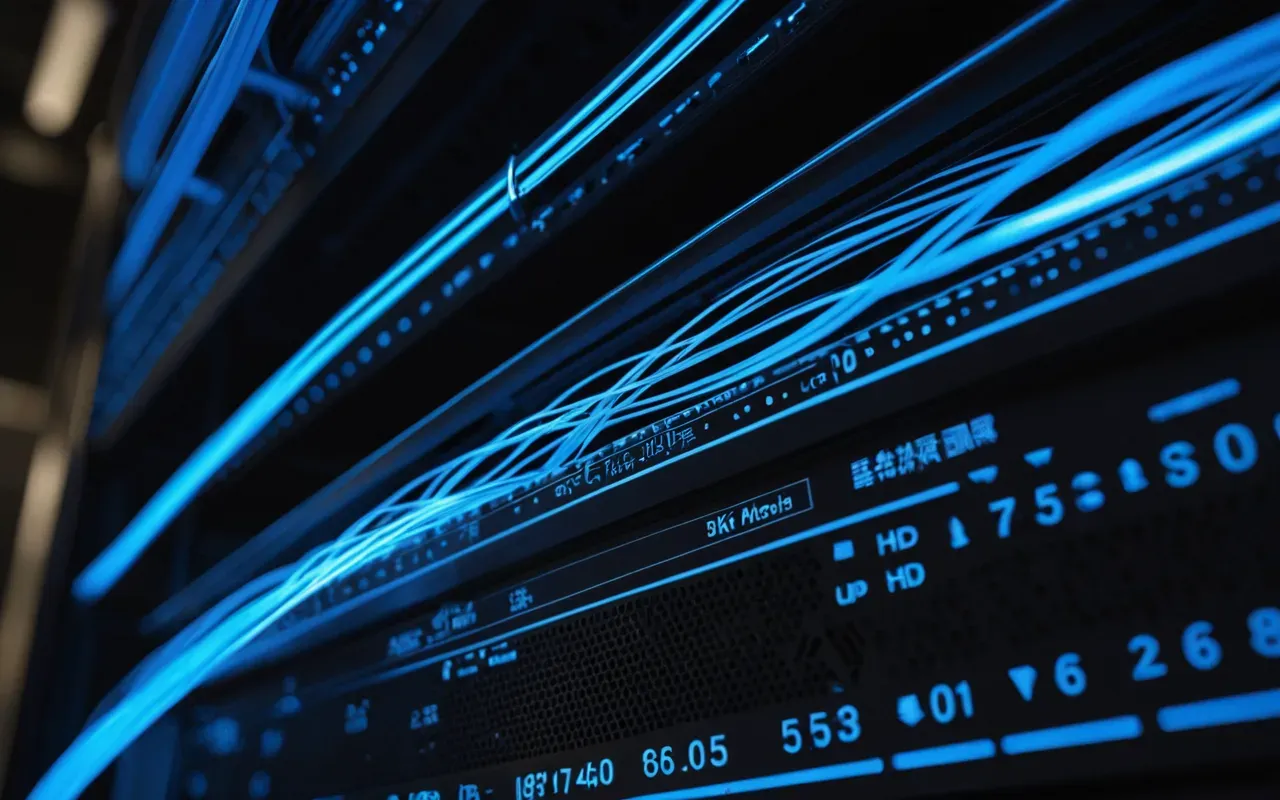 A close-up view of a complex web server network with glowing blue data streams flowing through transparent cables in a dark room. The scene shows digital traffic moving rapidly through interconnected nodes without any visible text or labels.