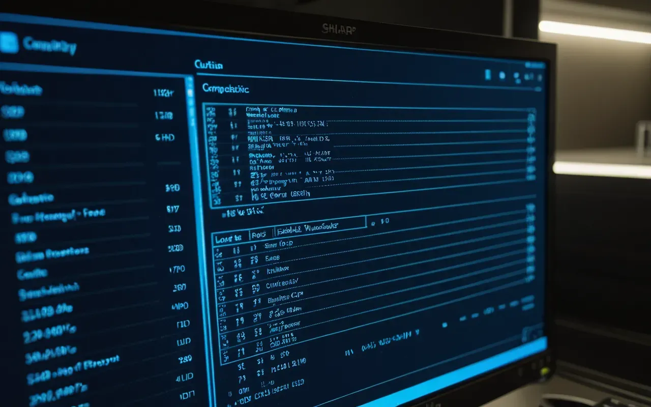 A close up view of a computer monitor displaying lines of complex code in dark mode with soft blue ambient lighting reflecting on the glass surface.