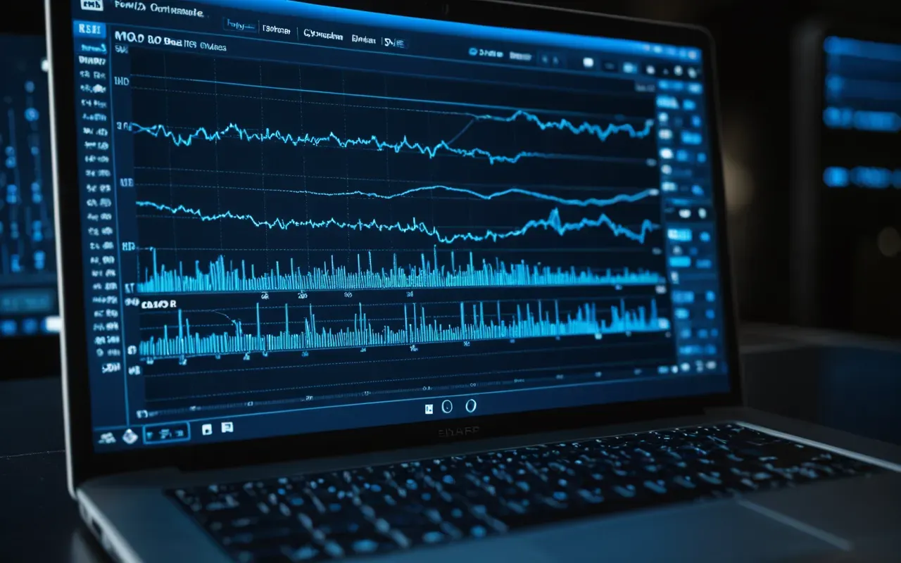 A close-up view of a laptop screen displaying abstract data streams and network nodes in cool blue tones against a dark background. The image conveys digital connectivity without any readable text or specific brand logos.