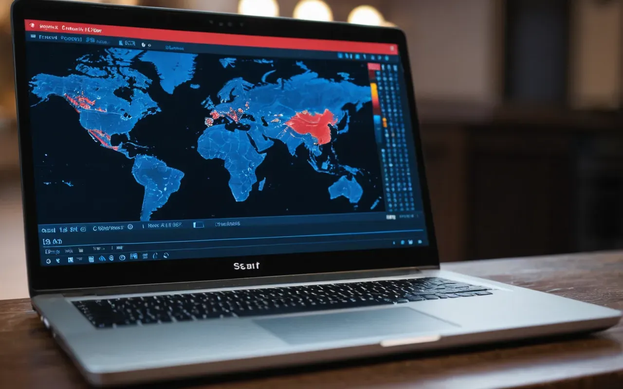 A close-up view of a laptop screen displaying abstract heat map data with red and blue zones indicating user interaction points on a digital interface.