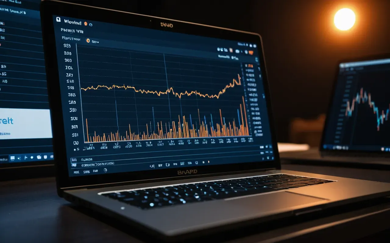 seo data analysis A close-up view of a laptop screen displaying complex data visualization charts with rising lines in blue and orange tones against a dark background. The desk surface is light wood grain. Soft ambient office lighting creates subtle shadows around the device edges.