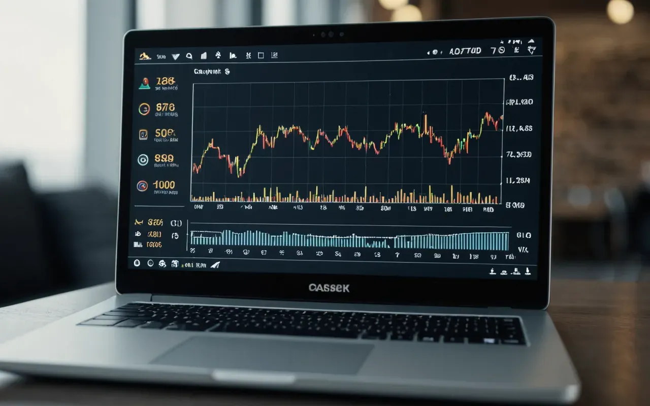 A close up view of a modern laptop screen showing abstract data charts and graphs floating in the air next to a smartphone displaying notification icons on a clean white desk with soft natural lighting from a window.