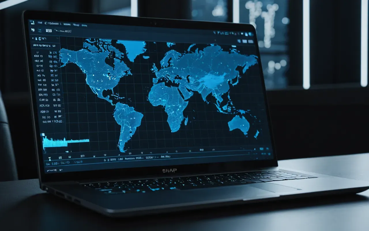 A close-up view of a modern laptop screen displaying abstract data visualization charts and glowing network nodes in soft blue and white tones against a dark background with shallow depth of field.