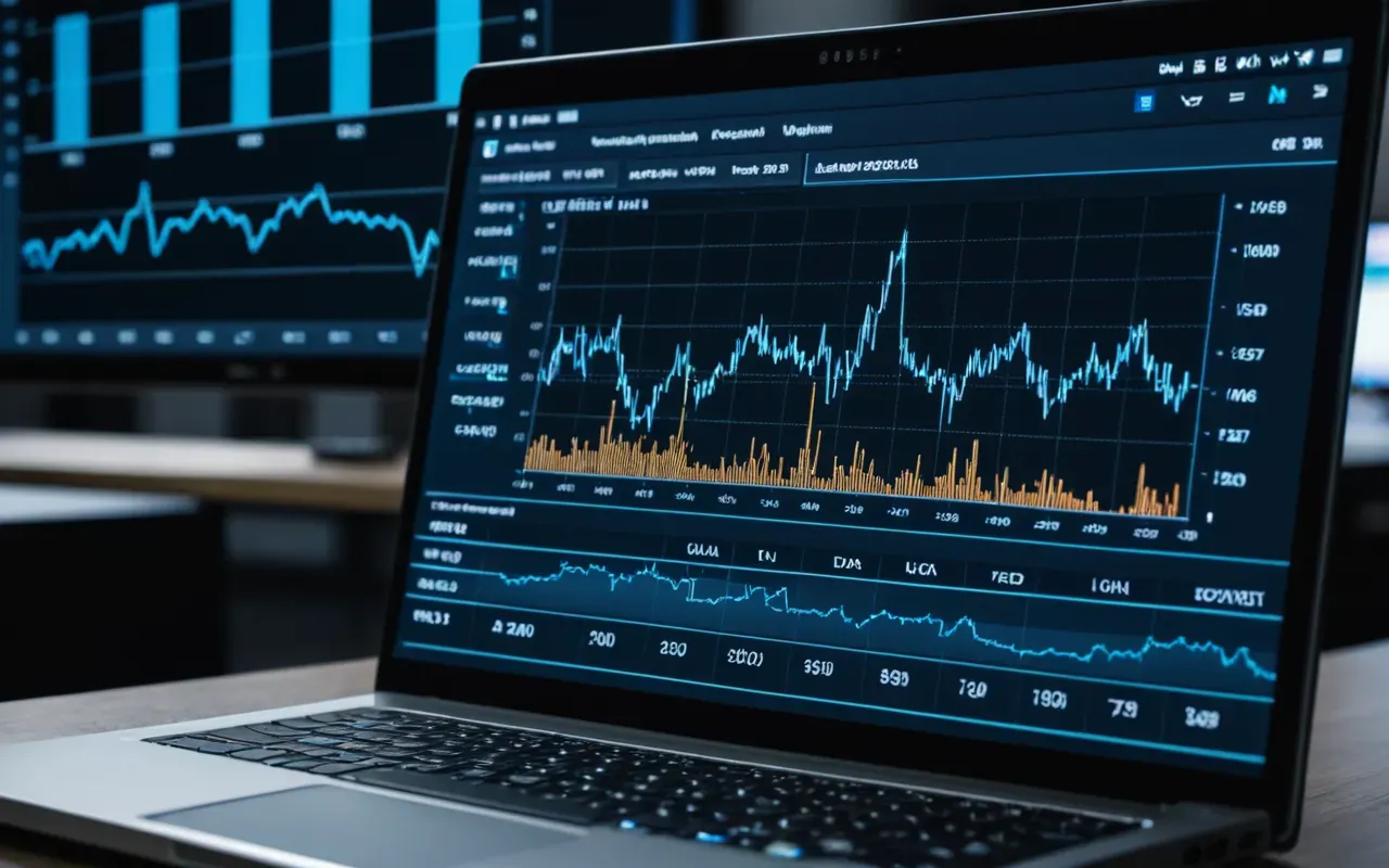 seo analytics dashboard A close up view of a modern laptop screen displaying complex data charts in dark mode with soft blue ambient lighting and a blurred background office environment
