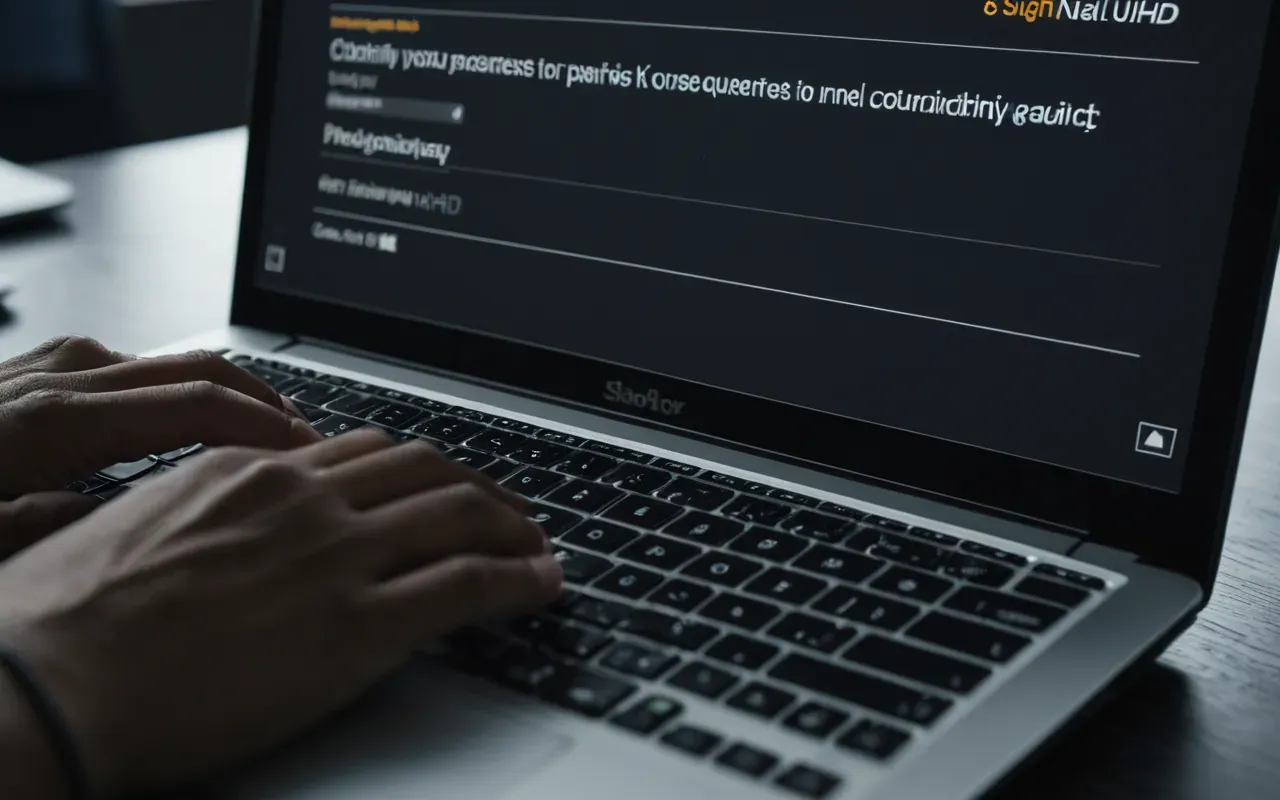A close-up view of a modern laptop keyboard with fingers typing rapidly in a dimly lit office environment creating a focused atmosphere.