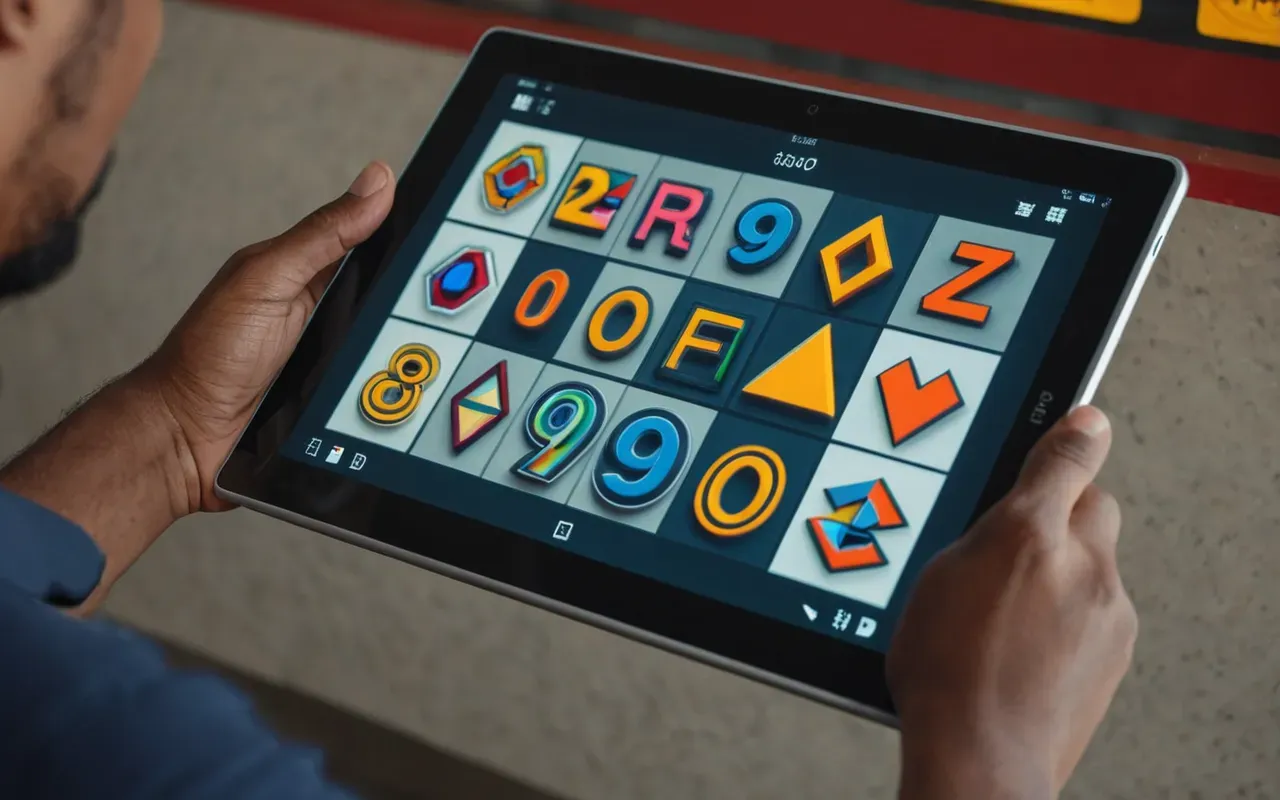 interactive video interface design A close-up view of hands interacting with a touchscreen tablet displaying colorful abstract shapes and geometric patterns. The screen shows simple interactive buttons and sliders without any readable text or numbers. Natural lighting creates soft shadows around the device on a wooden surface.