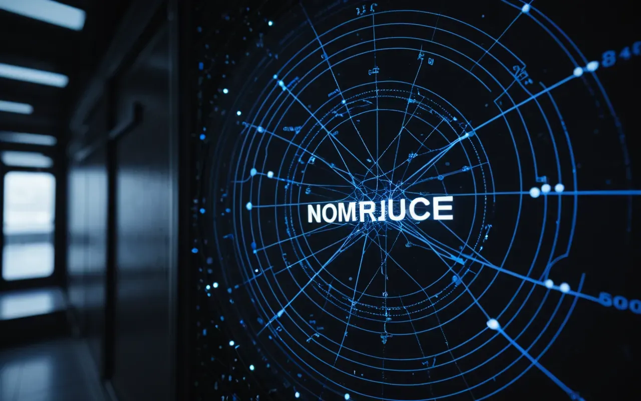 A complex web of connected nodes floating in a dark space with glowing blue lines showing network connections and data flow.
