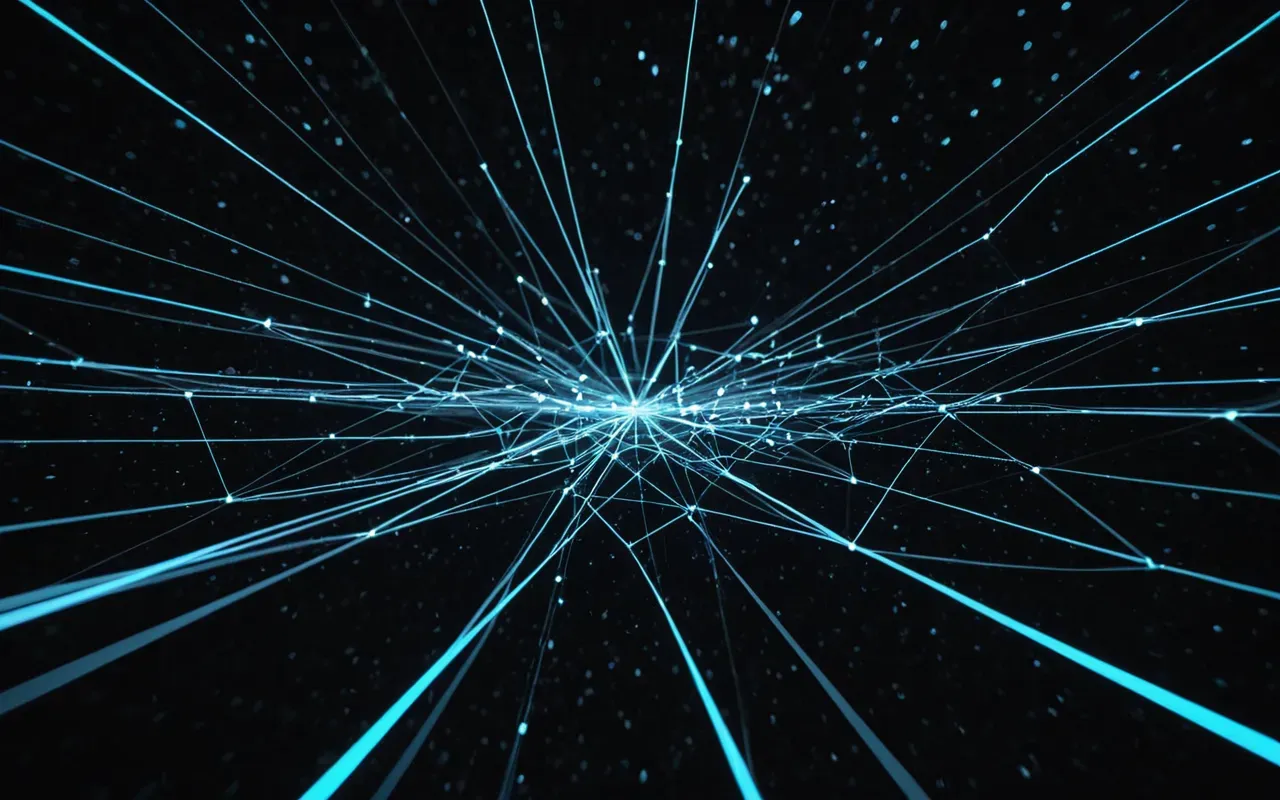 A conceptual illustration of a network graph with glowing nodes connected by bright lines floating in a dark void representing digital connectivity and structure