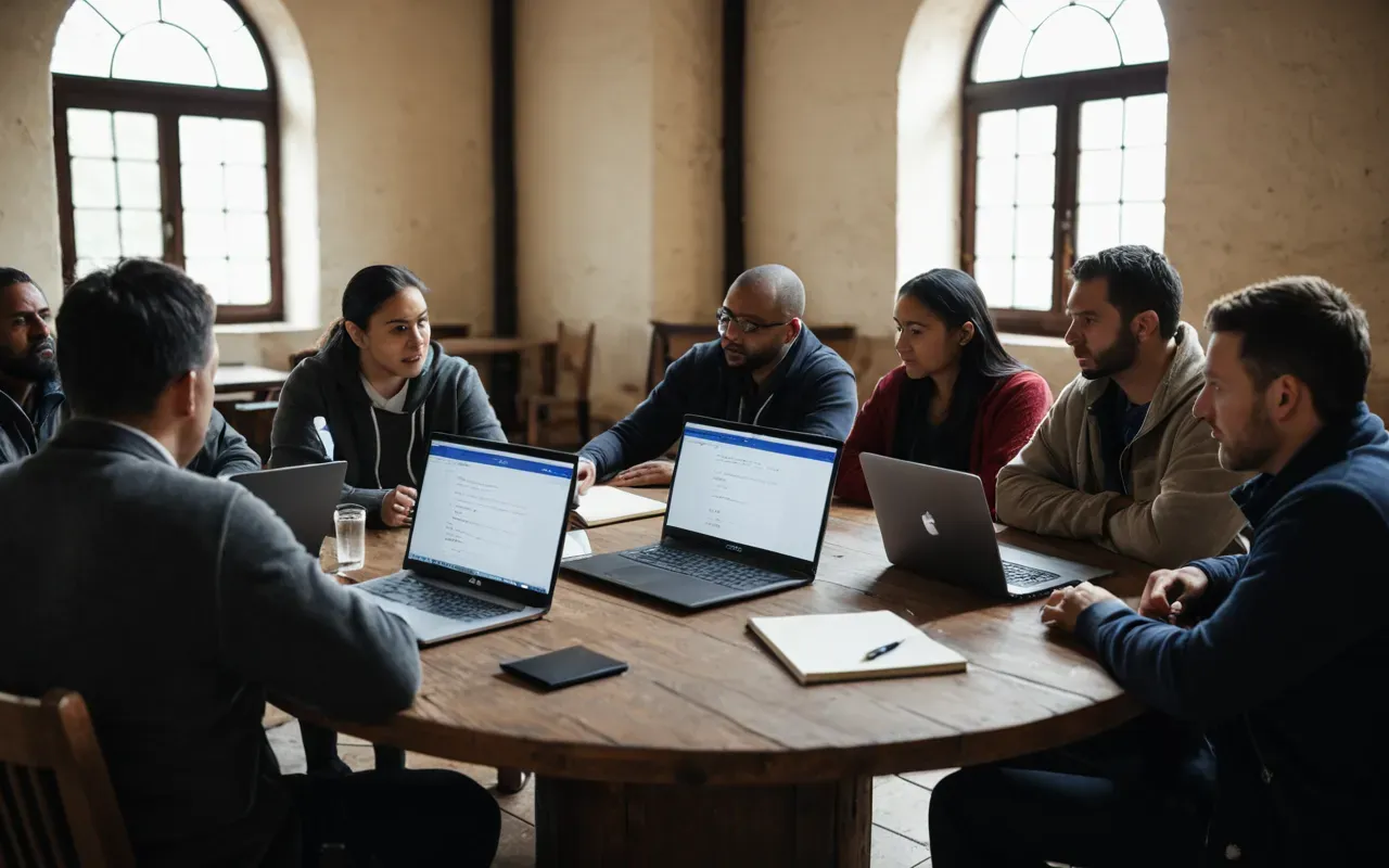 community engagement A diverse group of people engaging in a workshop discussion around a round table with laptops and notebooks showing active participation and focused attention in a modern room