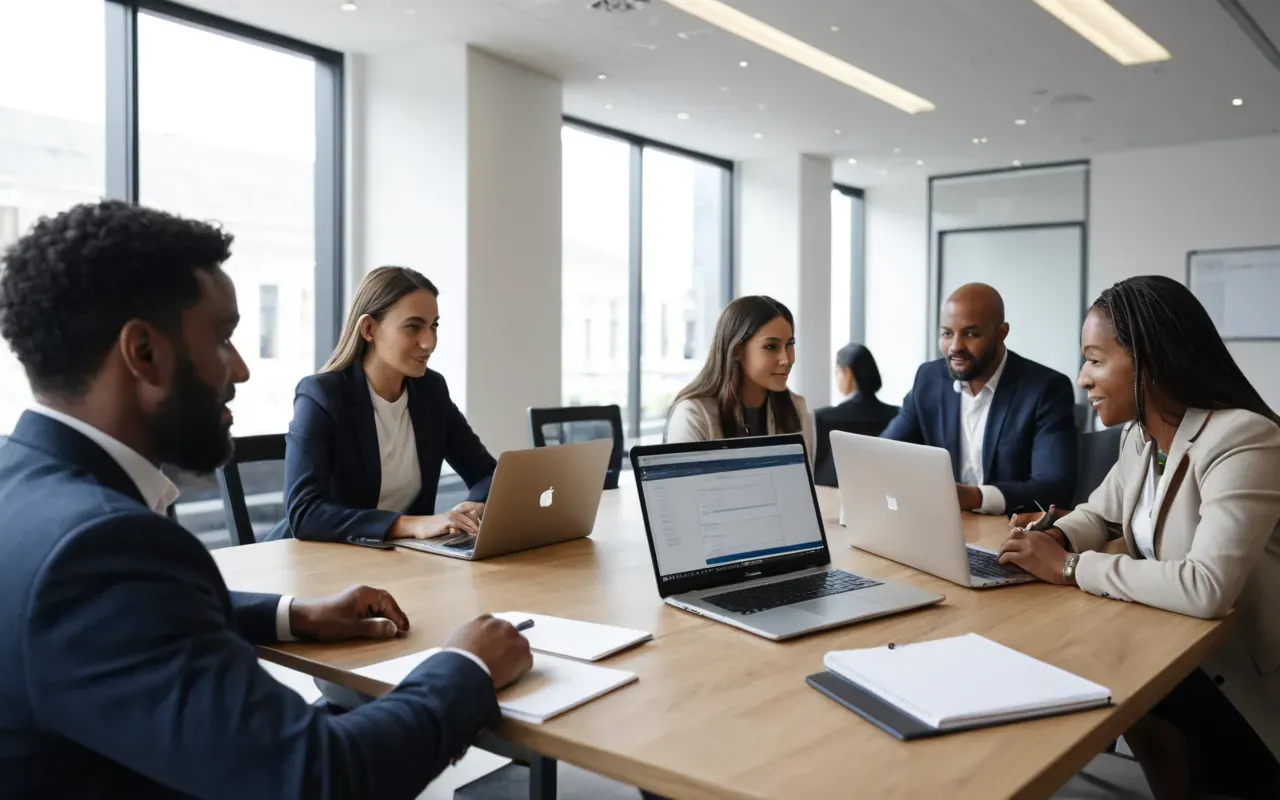 A diverse team of professionals collaborating around a conference table with laptops and notebooks in a bright modern meeting room.