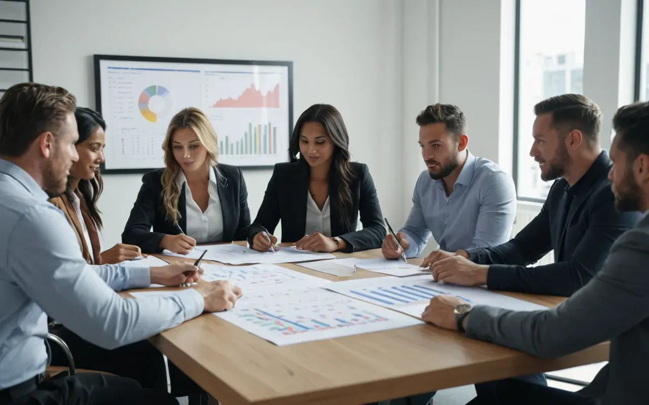 strategic business collaboration A diverse team of professionals collaborating around a large table in a bright modern office. They are pointing at charts and documents while engaged in active discussion creating an atmosphere of strategic planning and teamwork.