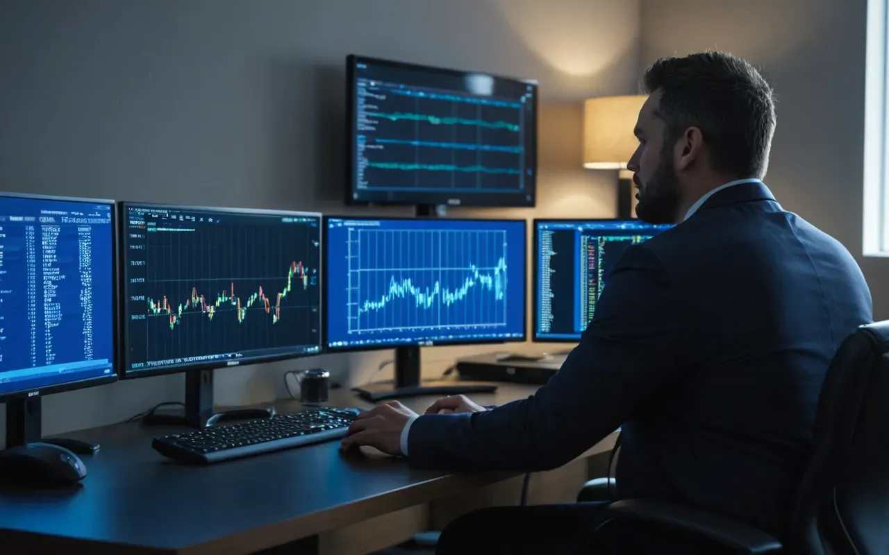 seo frustration small business A frustrated professional sitting at a modern desk with two computer monitors showing code and graphs in dim office lighting with blue screen glow illuminating their face.