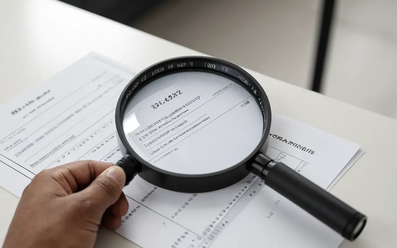 A hand holding a magnifying glass over a physical document with abstract geometric shapes. The background is a clean white desk with soft natural lighting from the left.