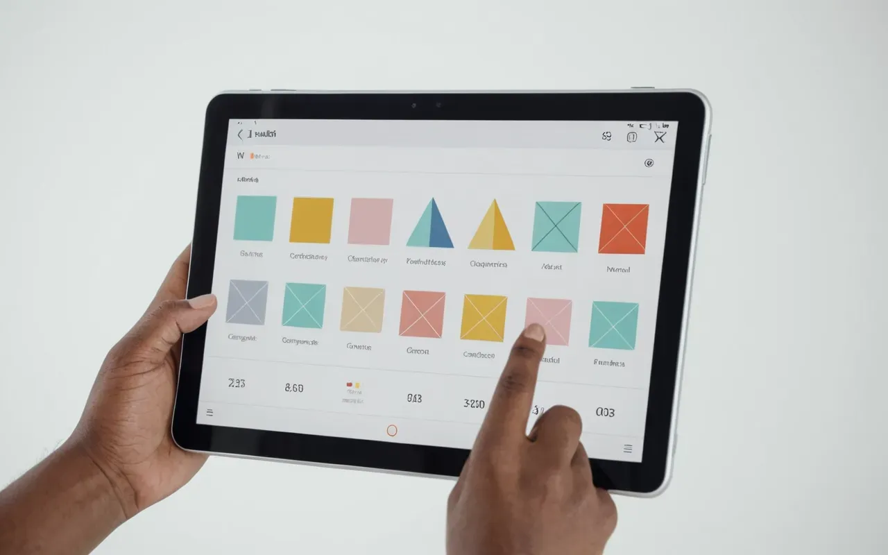 A hand holding a modern tablet device displaying a grid of abstract colorful geometric shapes and progress bars in soft pastel tones on a clean white background with natural lighting.