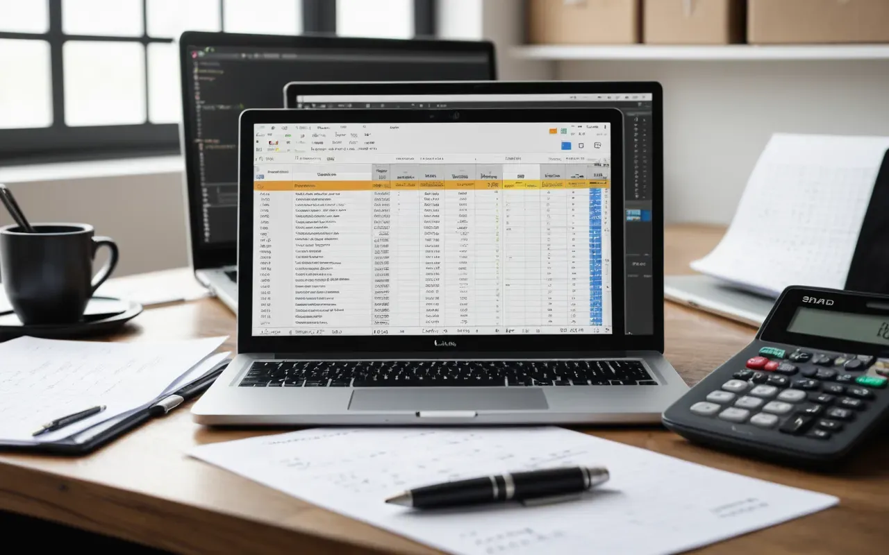 A messy desk with scattered papers and a calculator next to an open laptop showing a spreadsheet grid in bright daylight.