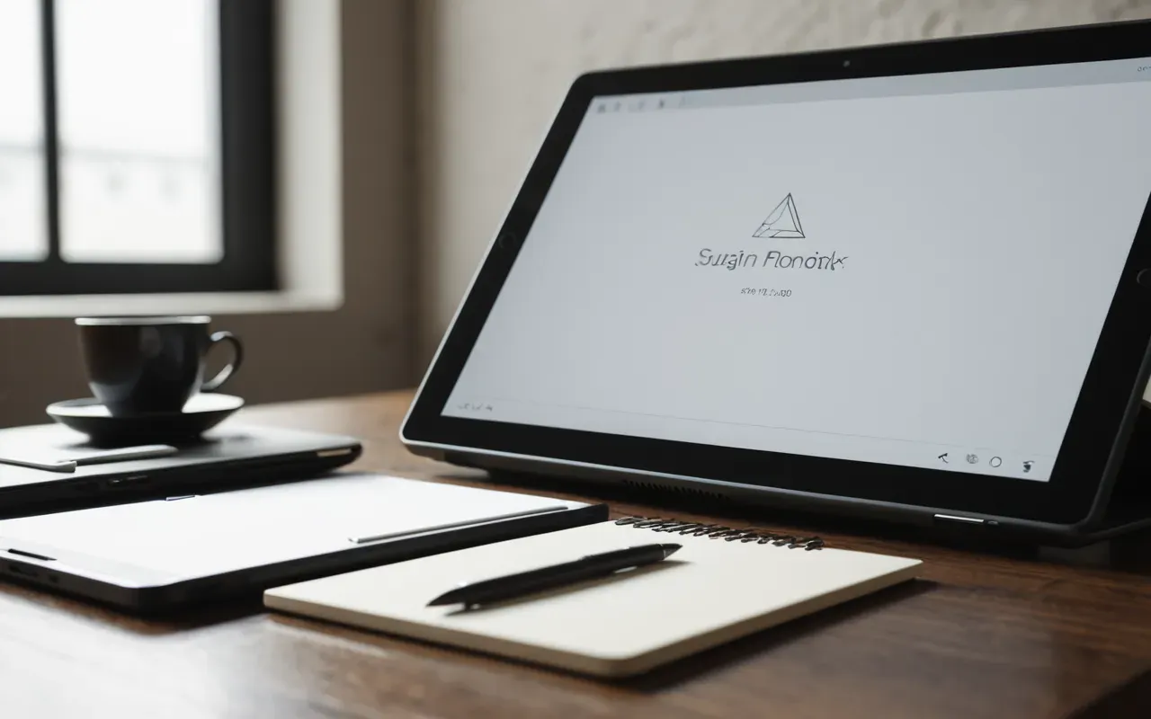 digital marketing workspace A minimalist desk setup with a notebook and pen next to a tablet showing abstract geometric shapes in soft daylight and neutral tones