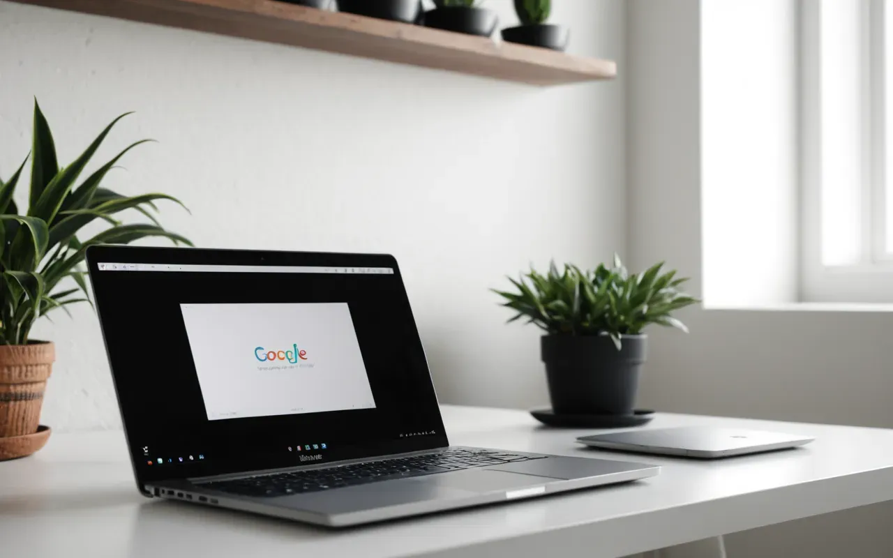 A minimalist workspace with a laptop open on a clean white desk. A potted plant sits in the corner casting soft shadows under natural daylight.