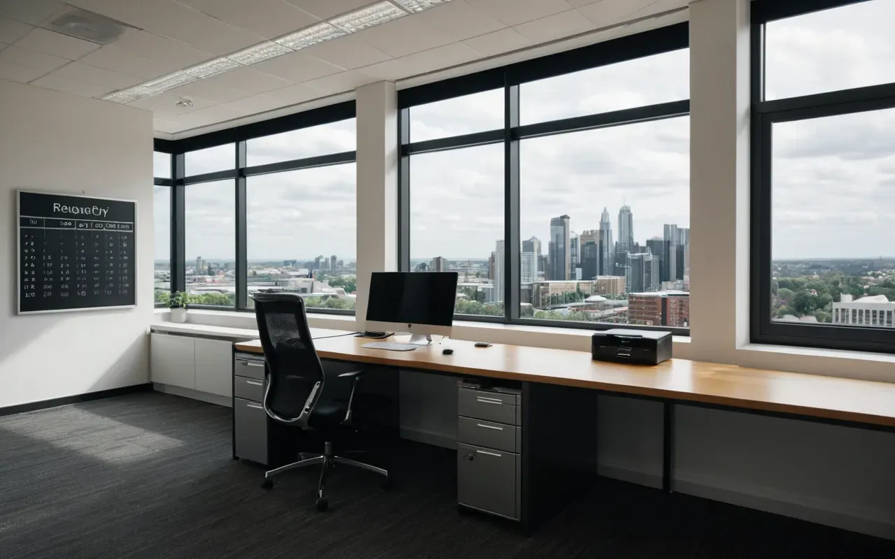 modern business workspace A modern clean office space with a desk and chair in the foreground featuring natural light from large windows showing a cityscape view outside while keeping the interior minimal and organized without any text or branding.