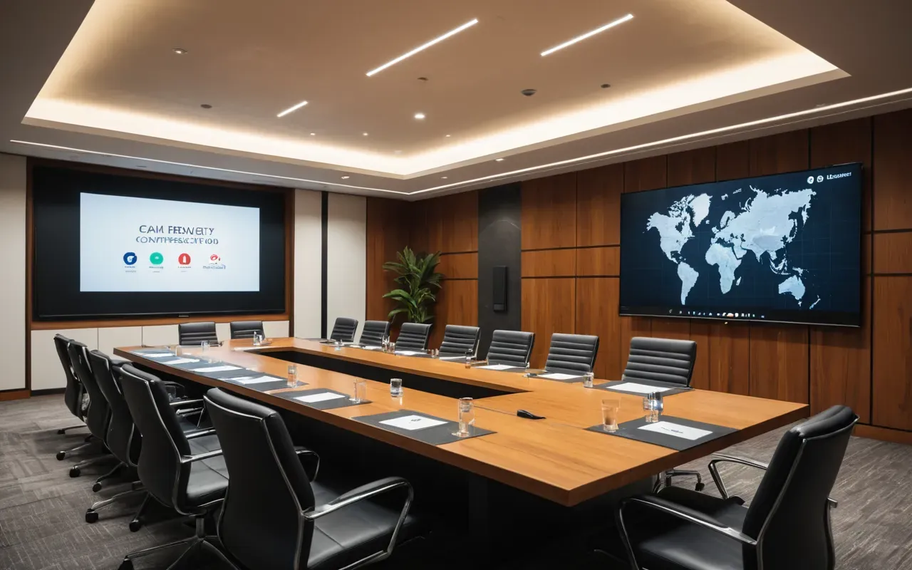 seo strategy meeting environment A modern conference room with a large presentation screen showing abstract geometric shapes and warm ambient lighting creating a professional atmosphere.