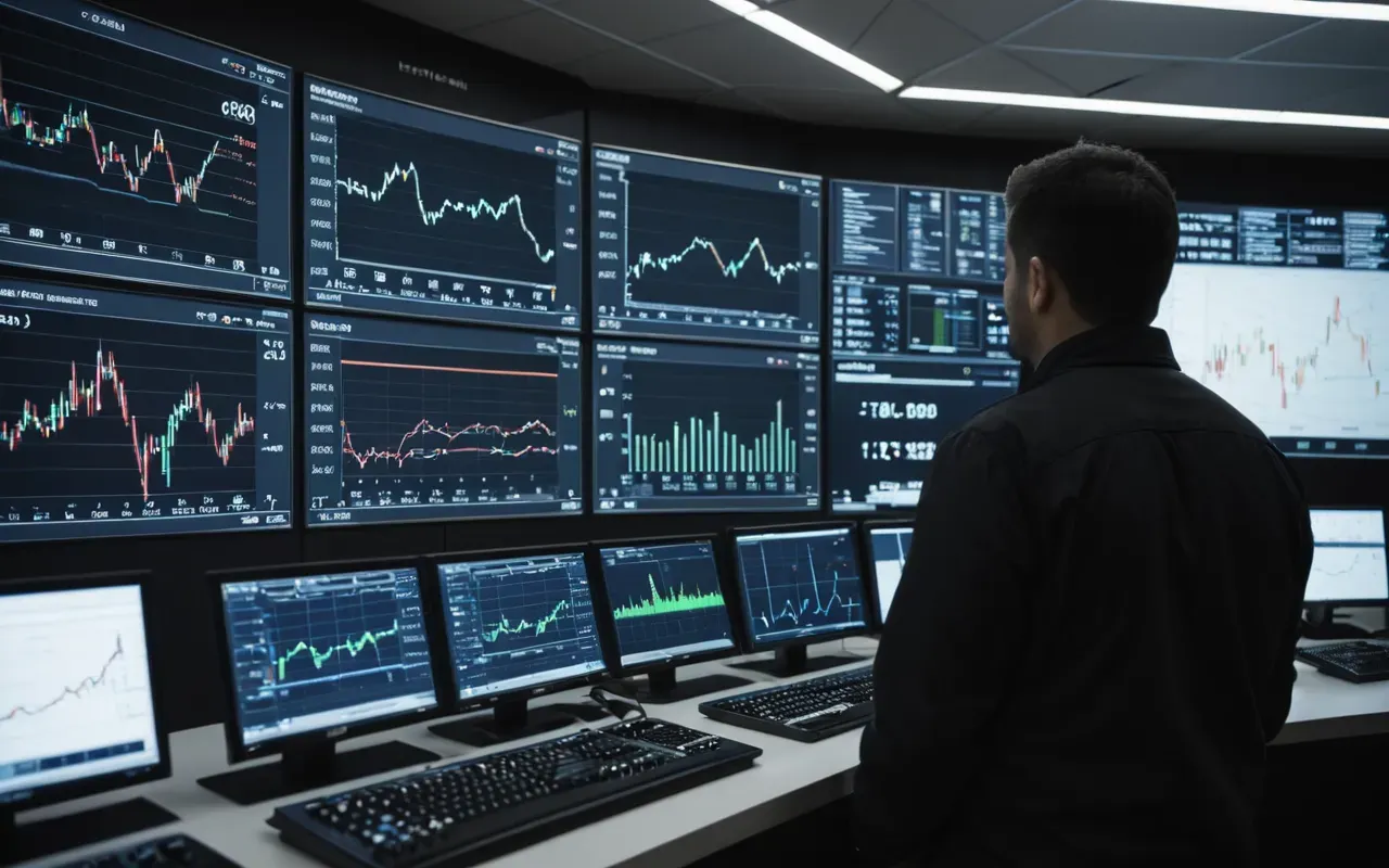 A modern control room with multiple large screens displaying abstract graphs and data streams, a person standing in front of the displays analyzing information, cool blue lighting creating a futuristic atmosphere
