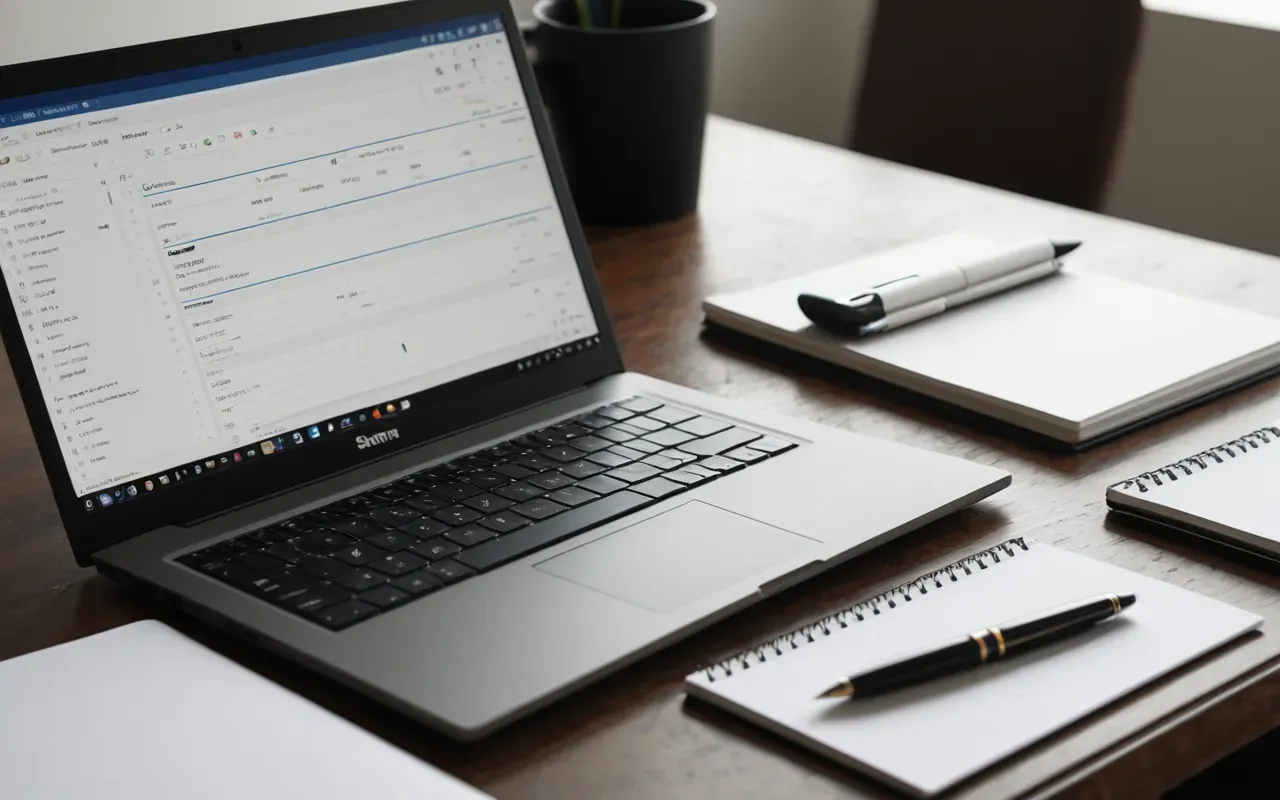 A modern desk setup with a laptop open showing abstract data visualizations. A notebook lies next to it with blank pages and a pen resting on top. Soft ambient lighting highlights the clean minimalist workspace.