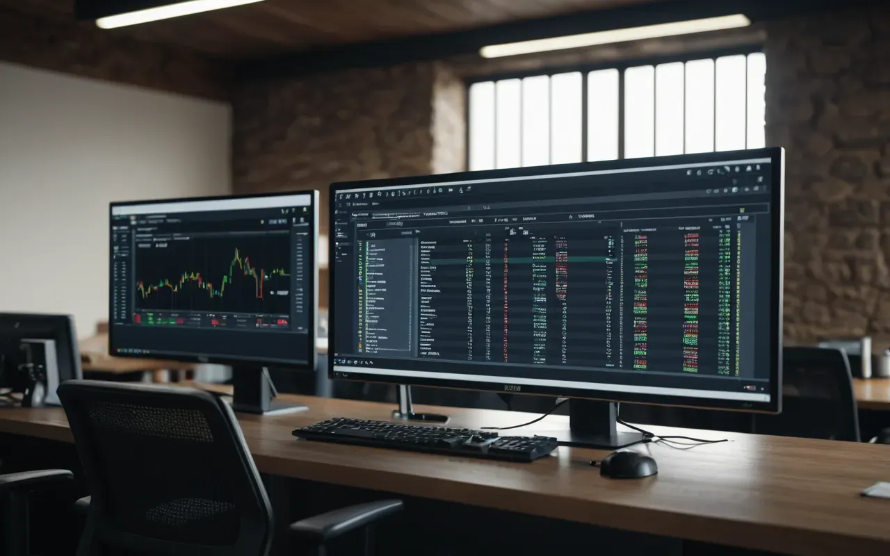 data integrity visualization A modern digital workspace setup showing a large monitor displaying organized database tables and interconnected nodes representing data relationships. The scene is clean with neutral lighting emphasizing order and structure in a professional environment.