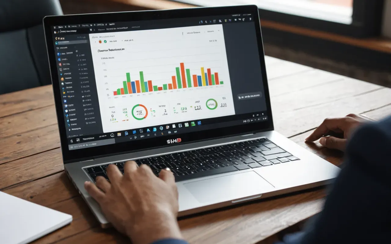 A modern laptop on a wooden desk showing abstract data visualization with a person's hand pointing at the screen in a well lit contemporary workspace.