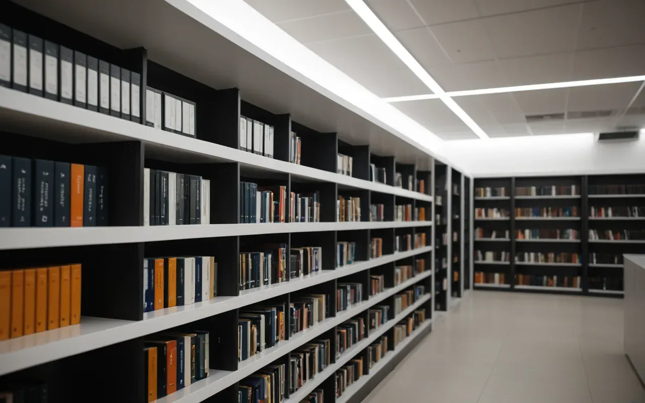 knowledge repository environment for research reference A modern library interior with clean white shelves and soft ambient lighting in a quiet study area.