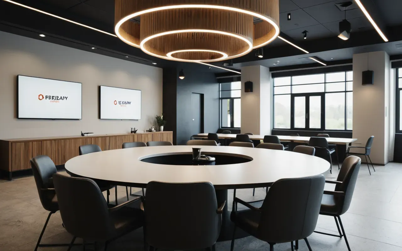 A modern meeting room with a large round table. Several laptops are open and coffee cups sit on the surface under bright overhead lighting.