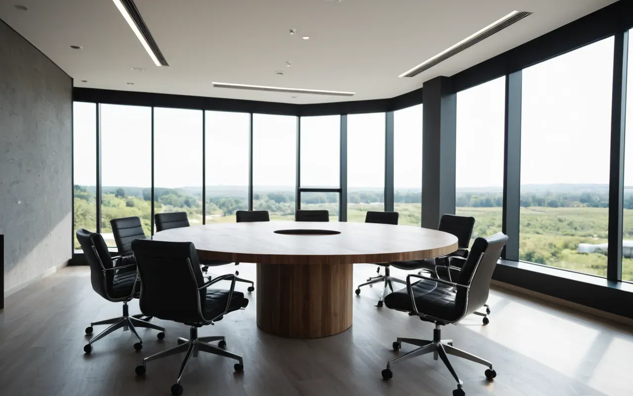 modern meeting space A modern minimalist conference room with a large round wooden table and ergonomic chairs, bright natural light streaming through floor-to-ceiling windows overlooking greenery, clean lines and neutral tones.