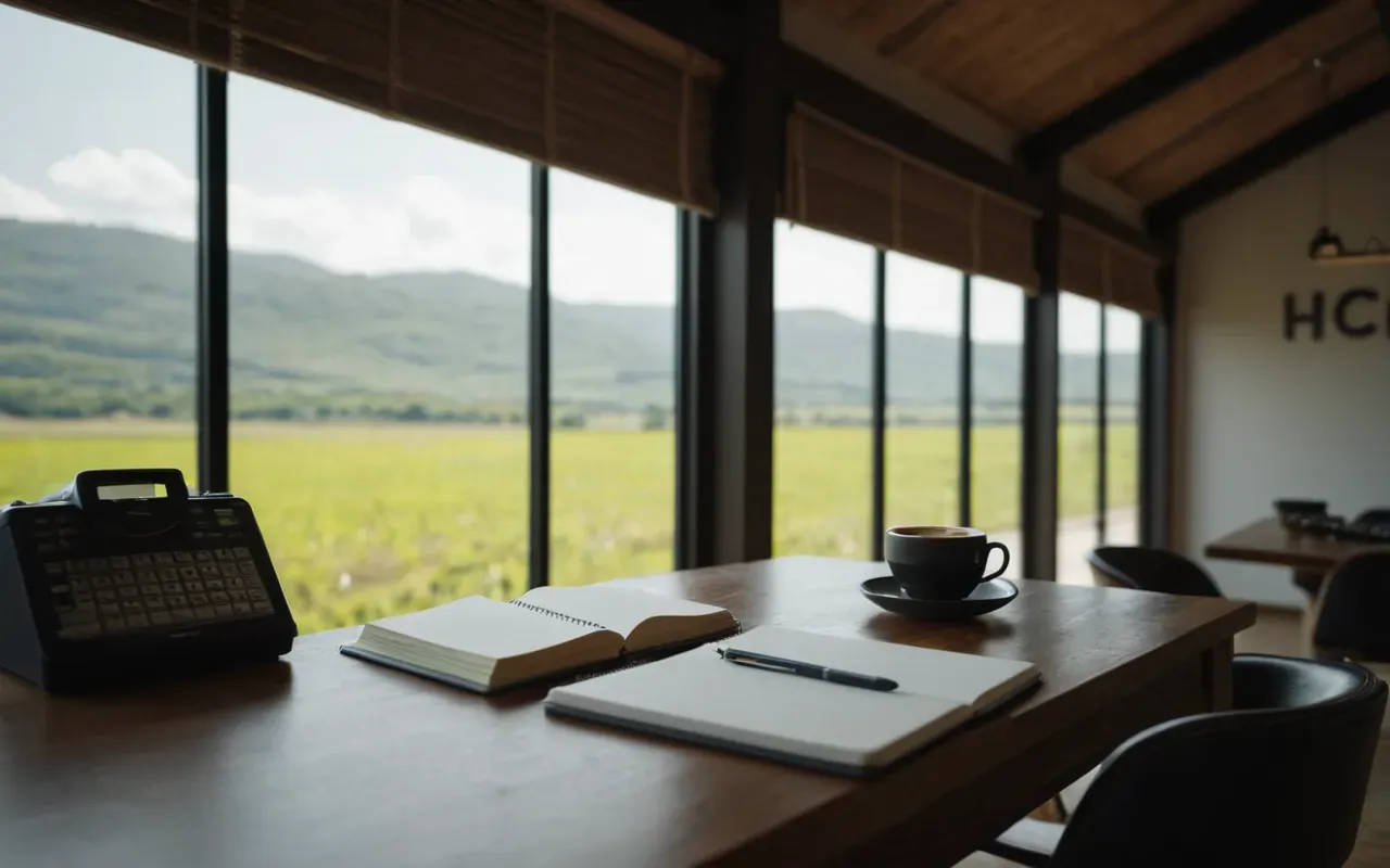 A modern minimalist interior with a large window overlooking a blurred green landscape. A desk lamp casts warm light on an open notebook and a cup of coffee, creating a calm atmosphere focused on long term strategic planning.
