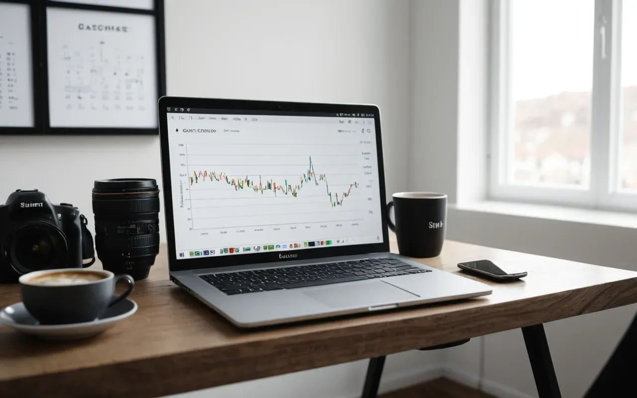 A modern minimalist office desk with a laptop showing abstract charts and a coffee cup, soft natural light from a window, clean neutral tones
