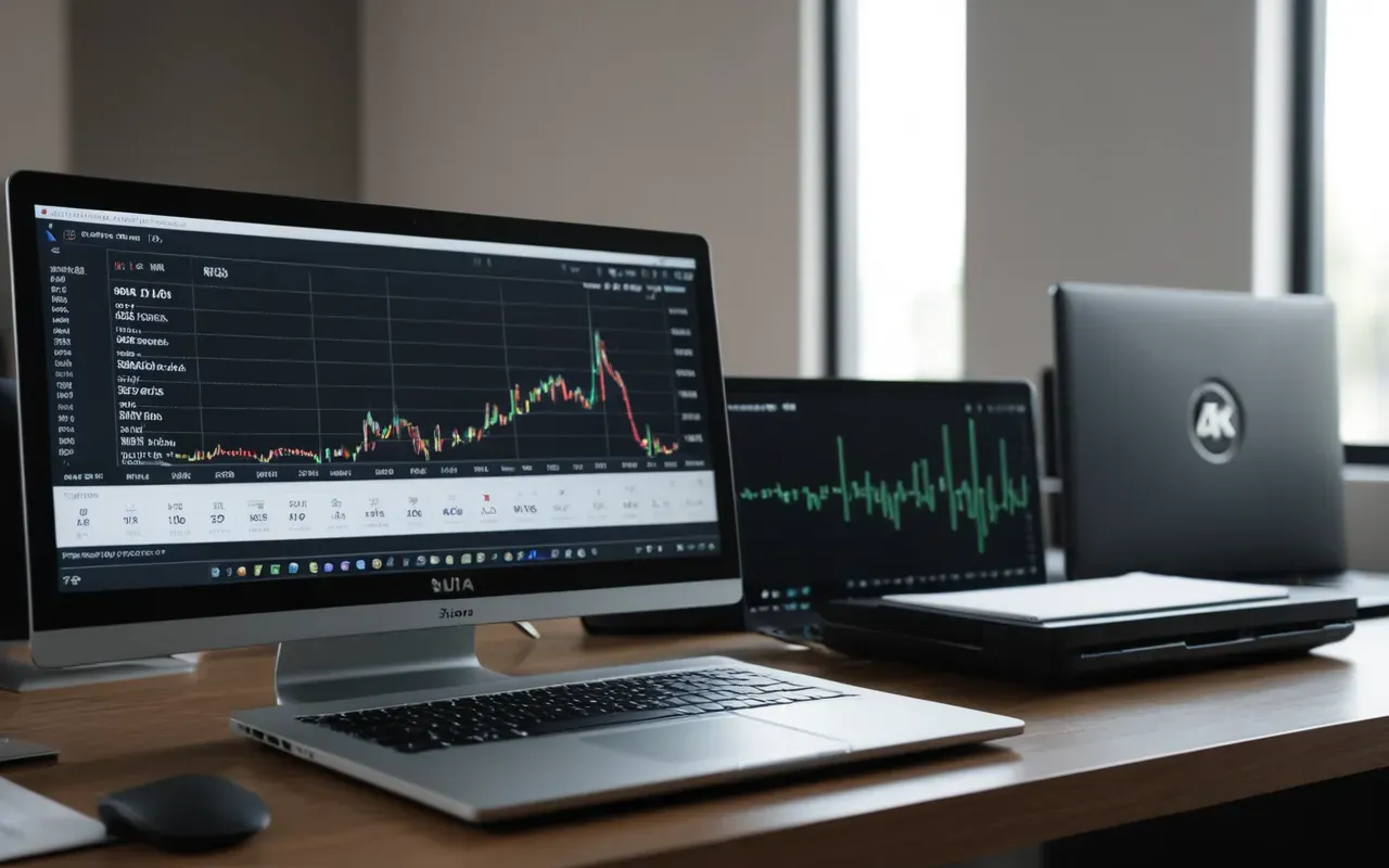 digital business performance monitoring setup A modern minimalist office desk with a laptop open to a dashboard showing abstract data blocks and soft ambient lighting in the background.