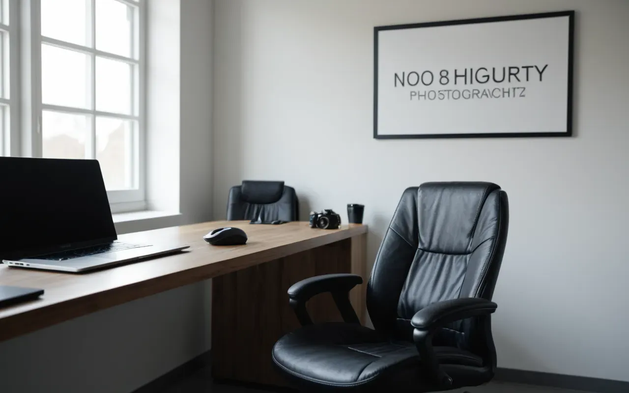 A modern minimalist office interior with a large desk and ergonomic chair facing a window with soft daylight streaming in. On the desk sits a laptop with a blank screen next to a notebook and pen, emphasizing focus on detailed planning rather than broad concepts.