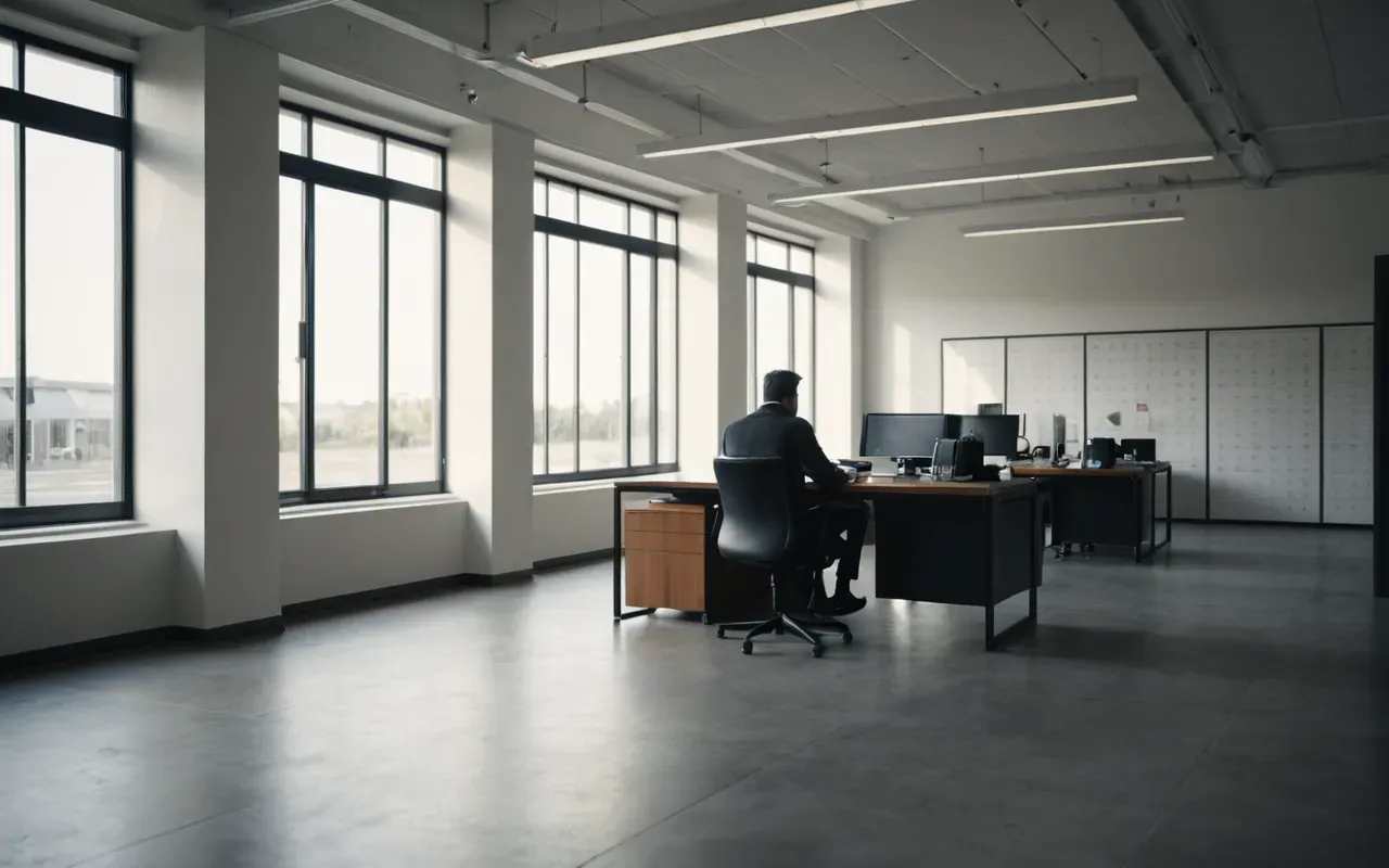 A modern minimalist office interior with large windows and neutral furniture, a person sitting at a desk looking out the window in deep thought, soft morning light creating long shadows