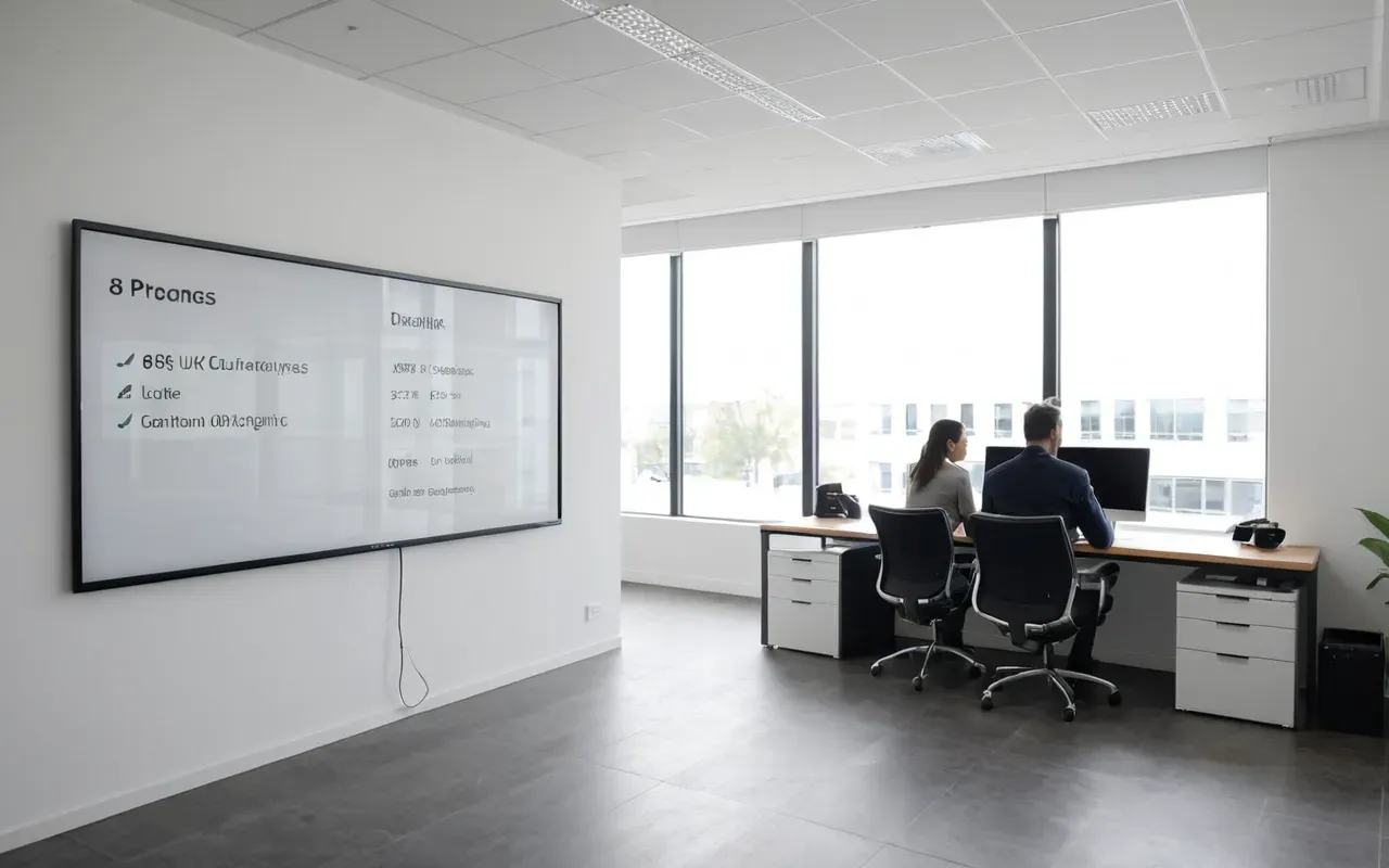 professional SEO consulting environment A modern minimalist office space with two professionals discussing data on a large monitor, soft natural light from floor-to-ceiling windows, clean white walls and neutral furniture.
