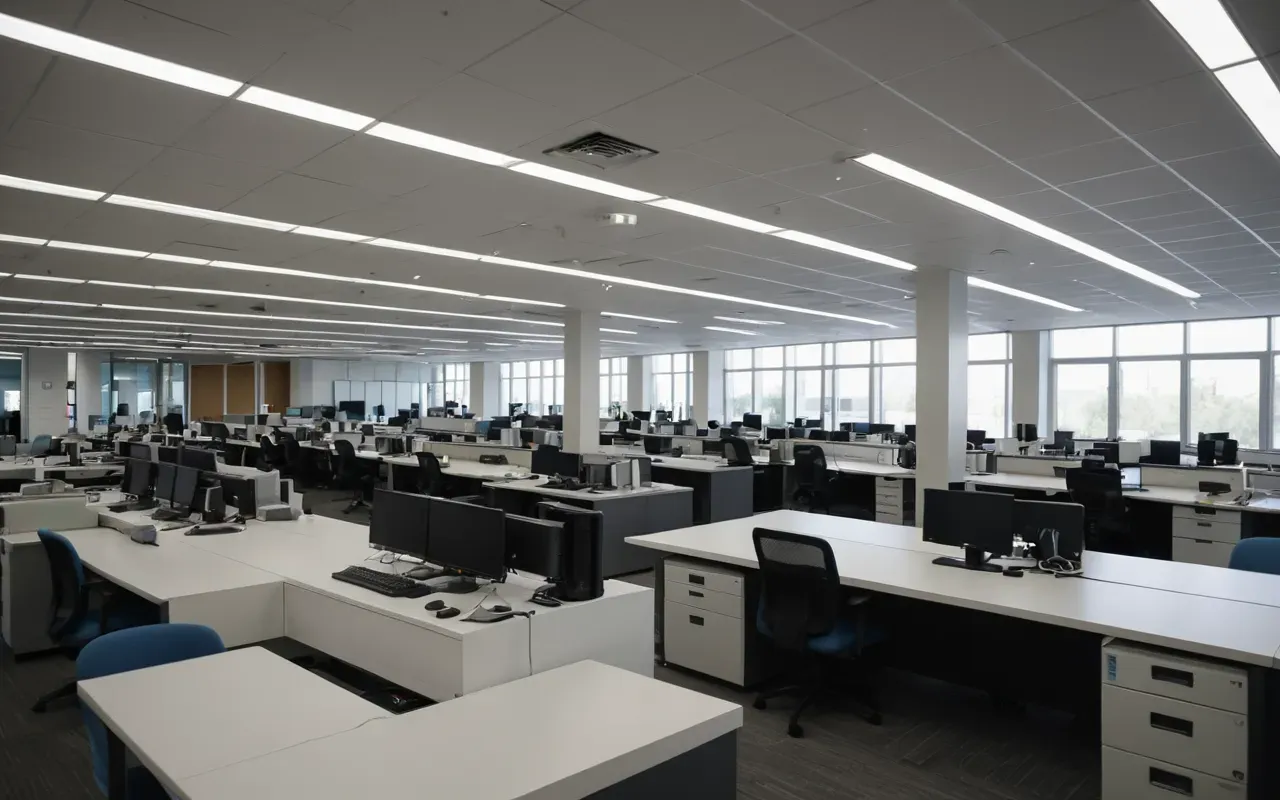 media relations workspace for seo pr strategy planning digital marketing teams A modern newsroom setting with rows of desks and soft overhead lighting in a clean professional environment.