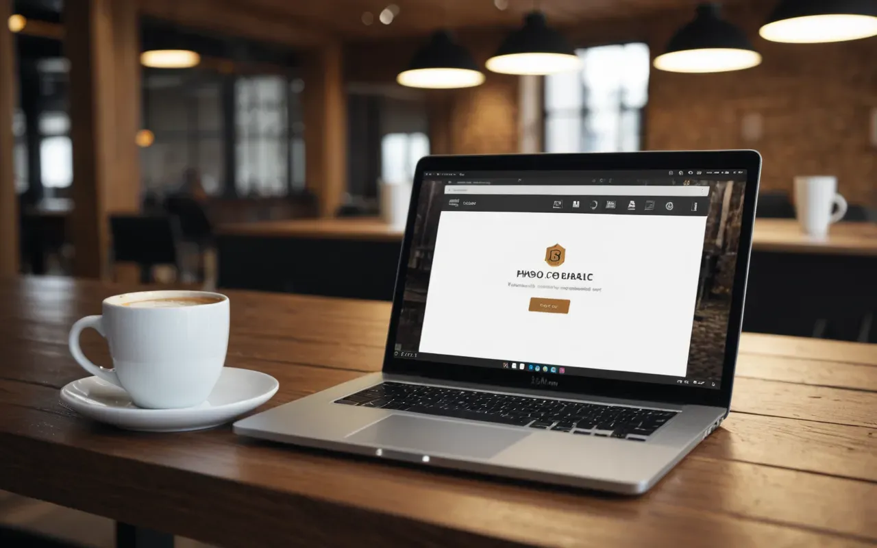 A modern office desk with a laptop open to a blank white page. A coffee cup sits nearby on a wooden surface under warm indoor lighting.