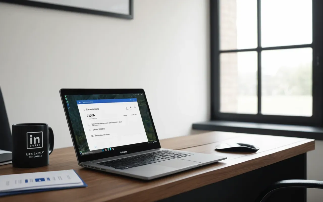 A modern office desk with a laptop showing code structure and a physical business card next to it, soft natural lighting from a window, clean minimal aesthetic.
