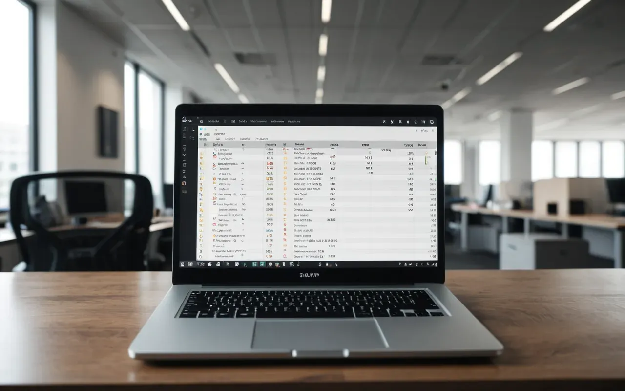 A modern office desk with a laptop showing code blocks and structured data examples on the screen. The room is bright with natural light coming through large windows. A coffee cup sits next to the keyboard.