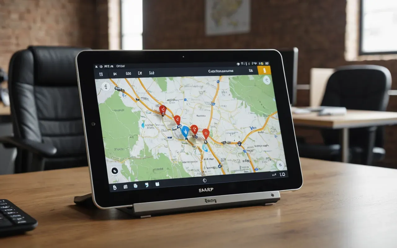 A modern office desk with a tablet displaying a map interface showing multiple location pins and business category icons without any readable text.