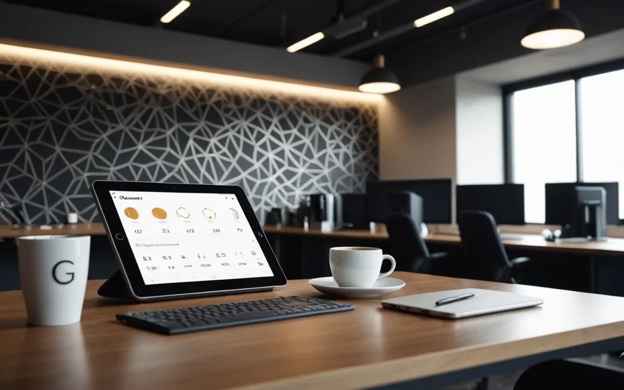 A modern office desk with a tablet displaying abstract geometric shapes representing data structures and a coffee cup sitting next to it under warm overhead lighting