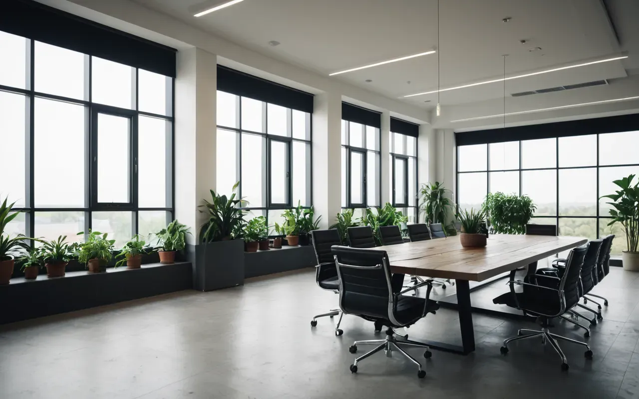 strategic planning session A modern office meeting room with a glass table and ergonomic chairs surrounded by potted plants and large windows letting in soft afternoon light